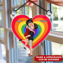 LGBT Couple Portrait, Gifts by Occupation - Personalized Window Hanging Suncatcher Ornament, Pride Month Gift For Couple, For Him, For Her