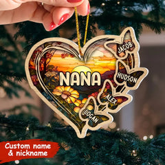 Personalized Christmas Mom Grandma Butterfly Heart Stained Glass Pattern Acrylic Ornament