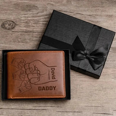 Personalized Hands Clenched Custom Father & Kid Names Gift for Dad Laser Leather Wallet