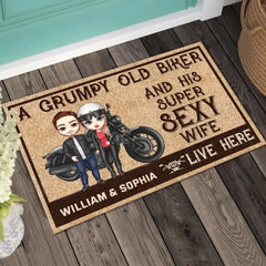 Personalized Couple Biker A Grumpy Old Biker And His Super Sexy Wife Live Here Doormat