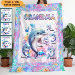 Personalized Grandma Dolphin & Kid Names Sherpa or Fleece Blanket Printed