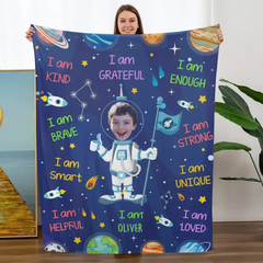 Kid Affirmations I Am Kind Smart Loved Astronaut - Personalized Photo Blanket