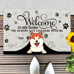 Welcome To Our Home Custom Doormat, Gifts For Pet Lovers, Pet Peeking From Curtain Beige Front Door Mat