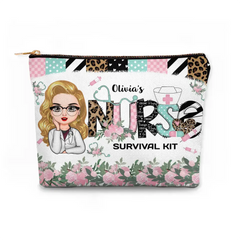 Nurse Survival Kit Pink Floral - Personalized Custom Canvas Makeup Bag - Nurse's Day, Appreciation Gift For Nurse