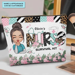 Nurse Survival Kit Pink Floral - Personalized Custom Canvas Makeup Bag - Nurse's Day, Appreciation Gift For Nurse