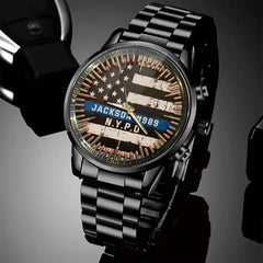 Personalized US Police Blueline Custom Name & Department Watch Printed