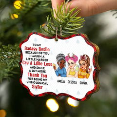 Because Of You I Laugh A Little Harder Christmas Best Friends - Personalized Medallion Wooden Ornament