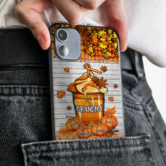 Grandma Mom Pumpkin Spice Latte Fall Season - Cross Leaves Pattern Personalized Phone Case NTK14AUG24NY2