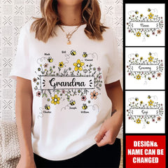 Personalized Grandma Flower Bee And Grandkids Custom Names Pure cotton T-shirt