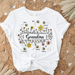 Personalized Grandma Flower Bee And Grandkids Custom Names Pure cotton T-shirt