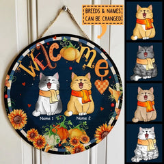 Welcome Door Signs, Fall Gifts For Cat Lovers, Fall Flowers Custom Wooden Signs , Cat Mom Gifts