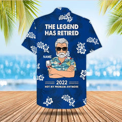 Personalized The Legend Has Retired, Not My Problem Any More, Blue Hibiscus Hawaiian Shirt For Grandpa