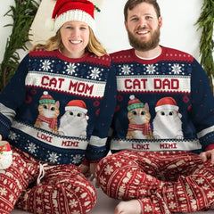 Merry Christmas, Cat Mom Cat Dad - Personalized Custom Unisex Ugly Christmas Sweatshirt, Wool Sweatshirt