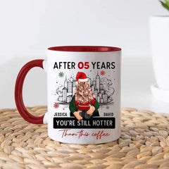 Christmas Couple Hugging, After Years You're Still Hotter Than This Coffee Personalized Mug