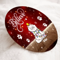 Christmas Cat  Decorations, Gifts For Cat  Lovers, Believe Red Xmas Background Welcome Door Signs , Cat  Mom Gifts