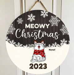 Christmas Door Decorations, Gifts For Cat Lovers, Meowy Christmas Gray Wooden White Snowflake Welcome Door Signs , Cat Mom Gifts