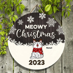 Christmas Door Decorations, Gifts For Cat Lovers, Meowy Christmas Gray Wooden White Snowflake Welcome Door Signs , Cat Mom Gifts