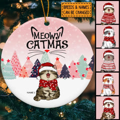 Personalised Meowy Catmas Pinktone Circle Ceramic Ornament - Personalized Cat Lovers Decorative Christmas Ornament