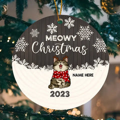 Personalised Meowy Christmas Red Wooden Circle Ceramic Ornament - Personalized Cat Lovers Decorative Christmas Ornament