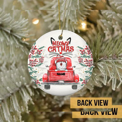 Meowy Catmass, Red Truck Circle Ceramic Ornament, Personalized Cat Breeds Ornament, Cat Lovers Gifts