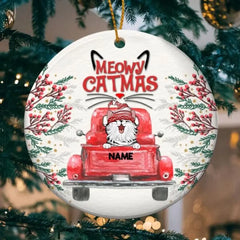 Meowy Catmass, Red Truck Circle Ceramic Ornament, Personalized Cat Breeds Ornament, Cat Lovers Gifts